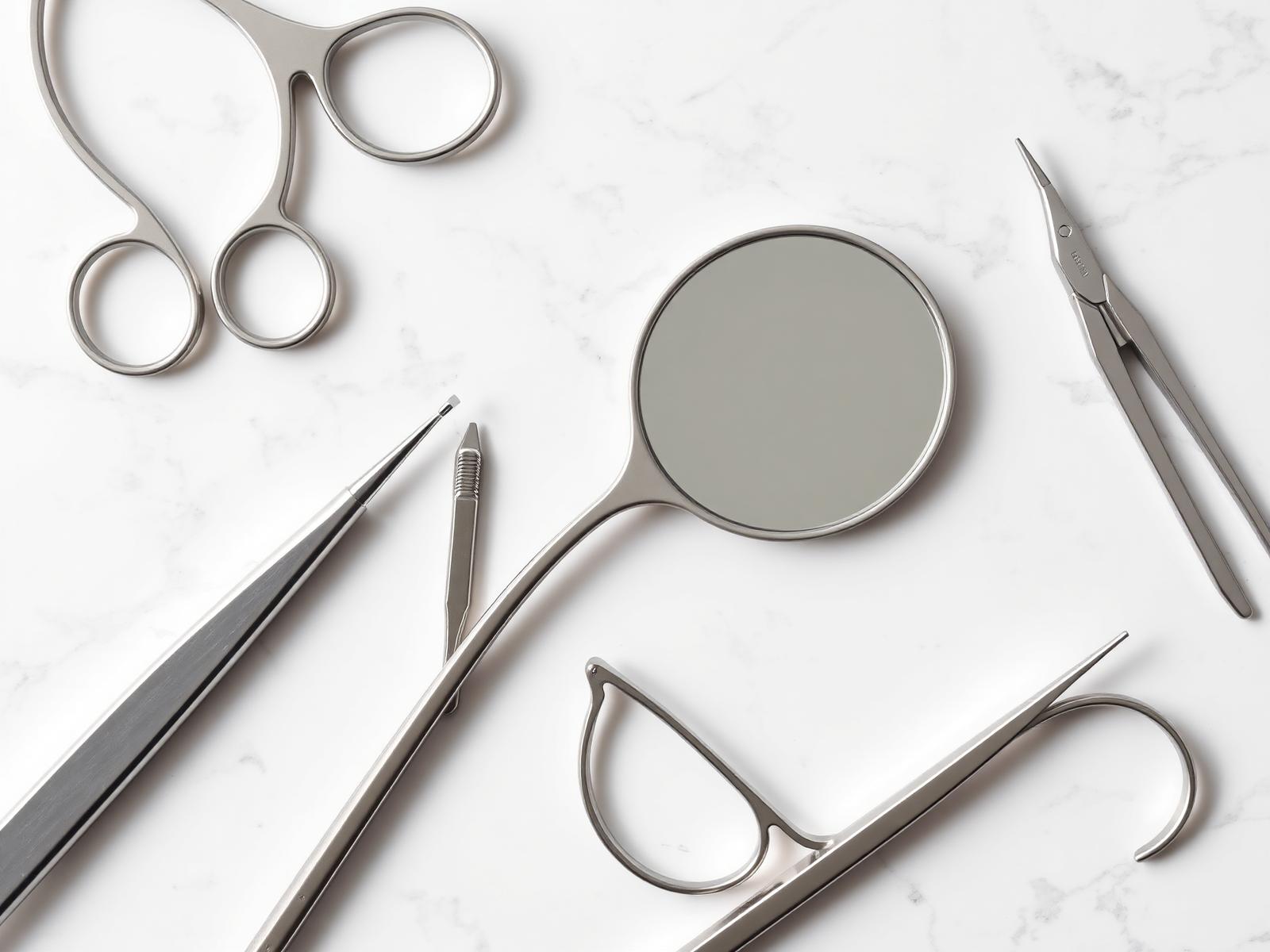 Overhead flat lay of pristine dental instruments on marble.