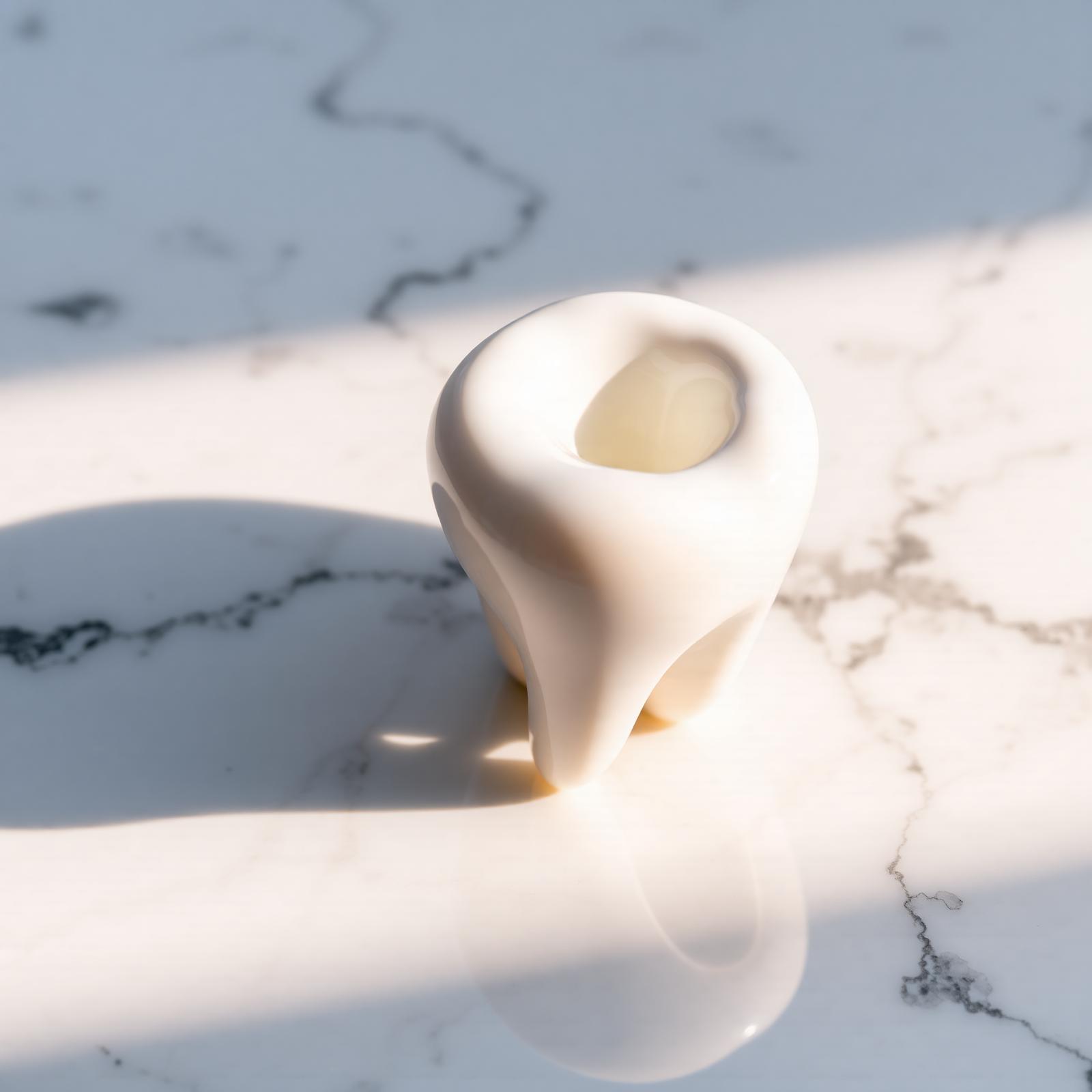 A ceramic sculptural study of a single tooth resting on marble.